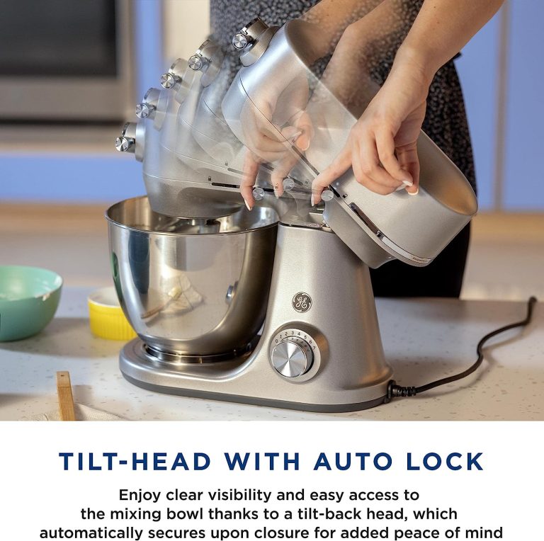 GE Tilt-Head Electric Stand Mixer | 7-Speed, 350-Watt Motor | Includes 5.3-Quart Bowl, Flat Beater, Dough Hook, Wire Whisk & Pouring Shield | Countertop Kitchen Essentials | Granite Gray