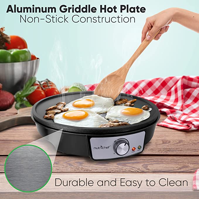 Electric Griddle Crepe Maker Cooktop – Nonstick 12 Inch Aluminum Hot Plate with LED Indicator Lights & Adjustable Temperature Control – Wooden Spatula & Batter Spreader Included – NutriChef PCRM12