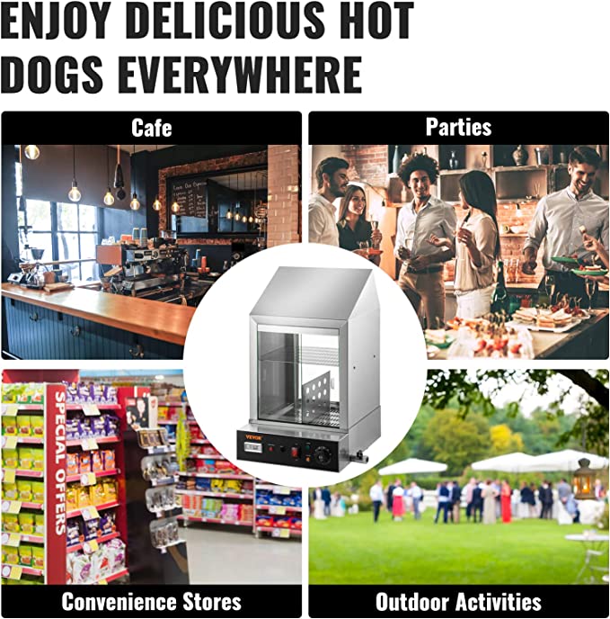 VEVOR Hot Dog Machine, 36 L, 2-Tier Hot Dog Steamer for 200 Hotdogs & 42 Buns, 1200W Electric Bun Warmer Cooker with Rotary Knob Temp Display 7.5 L Water Tank, Stainless Frame and Tempered Glass Doors