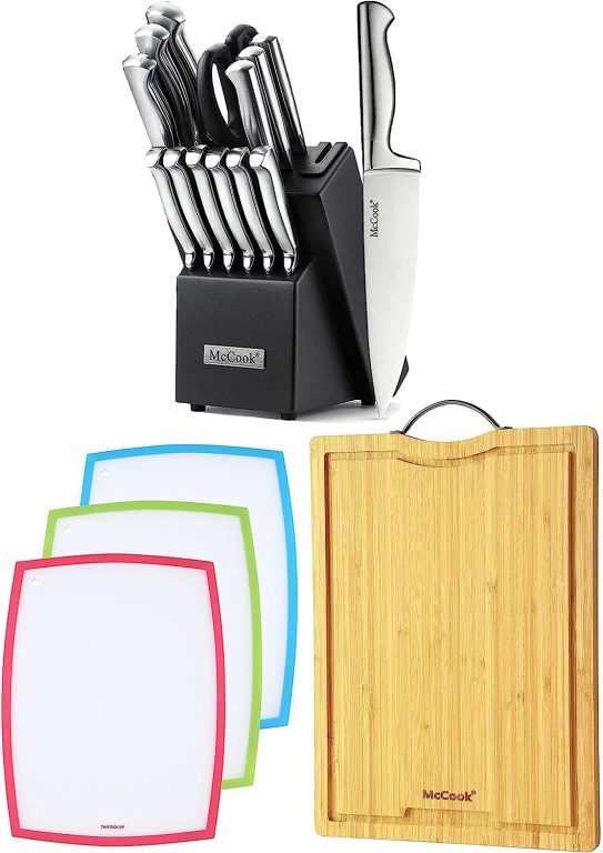 MC21 15 Pieces German Stainless Steel Knife Sets with Built-in Sharpener + MCW11 Bamboo Cutting Boards Set of 4 (Large, 17â€11.4â€0.8â€)