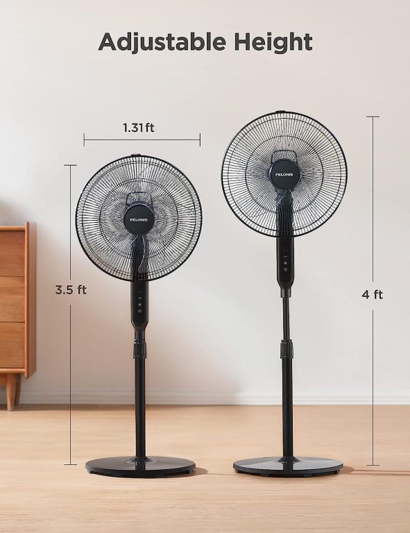 PELONIS 16″ Oscillating Pedestal Stand Up Fan | Adjustable Height | Ultra Quiet DC Motor | Remote Control | 12 Speed | 12-Hour Timer | High Energy Efficiency | for Bedroom Home Office Use | Black