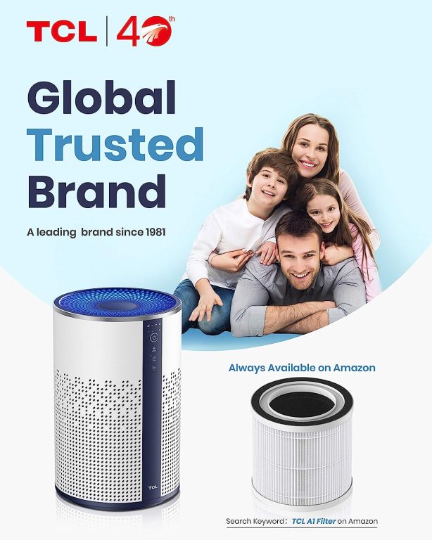 TCL Air Purifier for Home Room Bedroom True H13 HEPA Air Filter Remove 99.97% Smoke Odor Pet Dander Dust Pollen Mold Air Cleaner Metal Design with Night Light