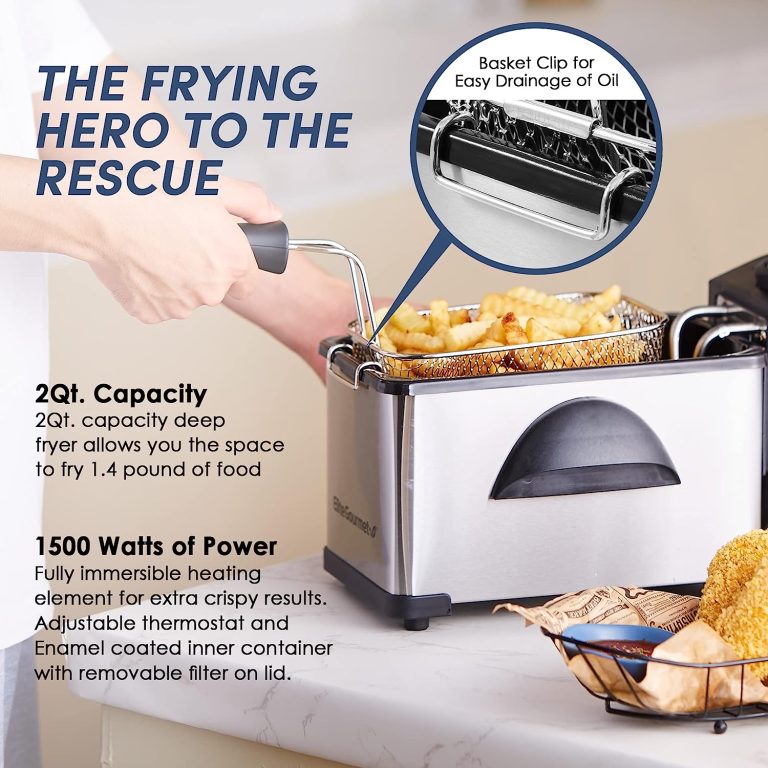 Elite Gourmet EDF-401T Electric Immersion Deep Fryer 3-Baskets, 1700-Watt, Timer Control, Adjustable Temperature, Lid with Viewing Window and Odor Free Filter, Stainless Steel and Black