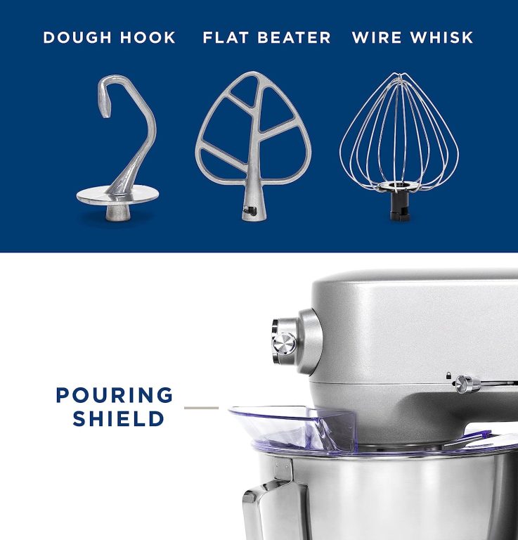 GE Tilt-Head Electric Stand Mixer | 7-Speed, 350-Watt Motor | Includes 5.3-Quart Bowl, Flat Beater, Dough Hook, Wire Whisk & Pouring Shield | Countertop Kitchen Essentials | Granite Gray