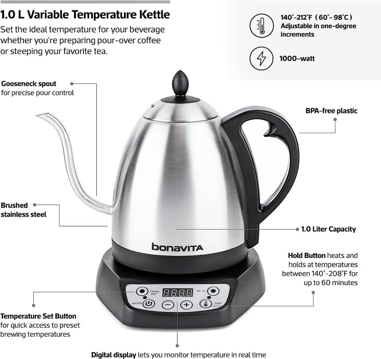 Bonavita 1L Digital Variable Temperature Gooseneck Electric Kettle for Coffee Brew and Tea Precise Pour Control, 6 Preset Temps, Café or Home Use, 1000 Watt, Stainless Steel