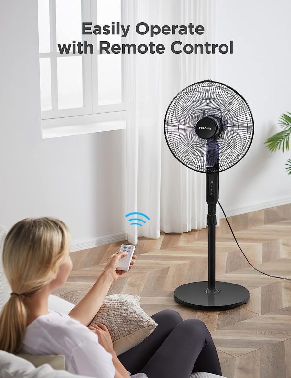 PELONIS 16″ Oscillating Pedestal Stand Up Fan | Adjustable Height | Ultra Quiet DC Motor | Remote Control | 12 Speed | 12-Hour Timer | High Energy Efficiency | for Bedroom Home Office Use | Black