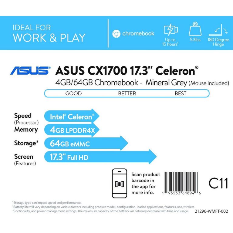 ASUS 17.3″ FHD Chromebook, Intel Celeron, 4GB RAM, 64GB eMMC, Chrome OS, Grey, CX1700CKA-WS44F-M