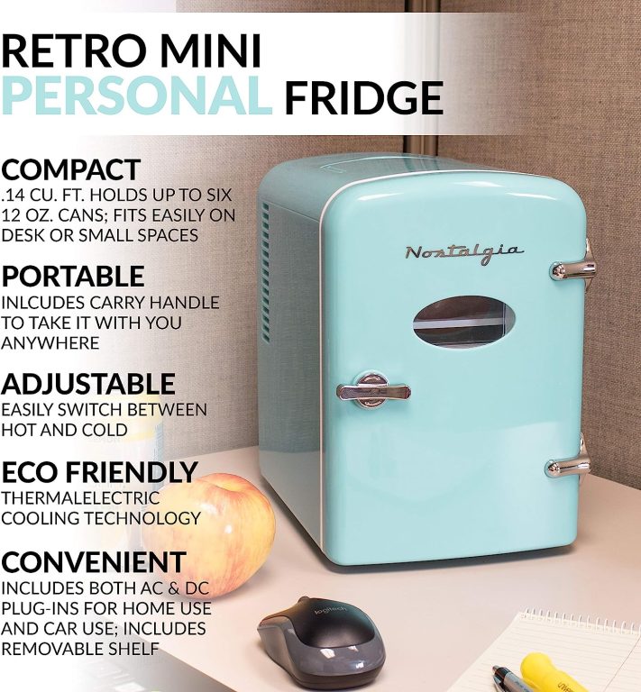 Nostalgia RF6RRAQ Retro 6-Can Personal Cooling and Heating Mini Refrigerator with Carry Handle for Home Office, Car, Boat or Dorm Room-Includes AC/DC Power Cords, Aqua