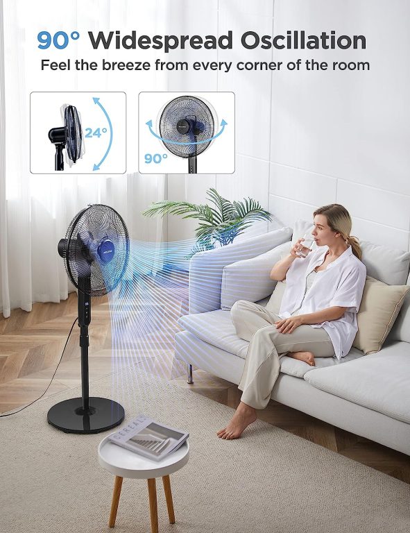PELONIS 16″ Oscillating Pedestal Stand Up Fan | Adjustable Height | Ultra Quiet DC Motor | Remote Control | 12 Speed | 12-Hour Timer | High Energy Efficiency | for Bedroom Home Office Use | Black