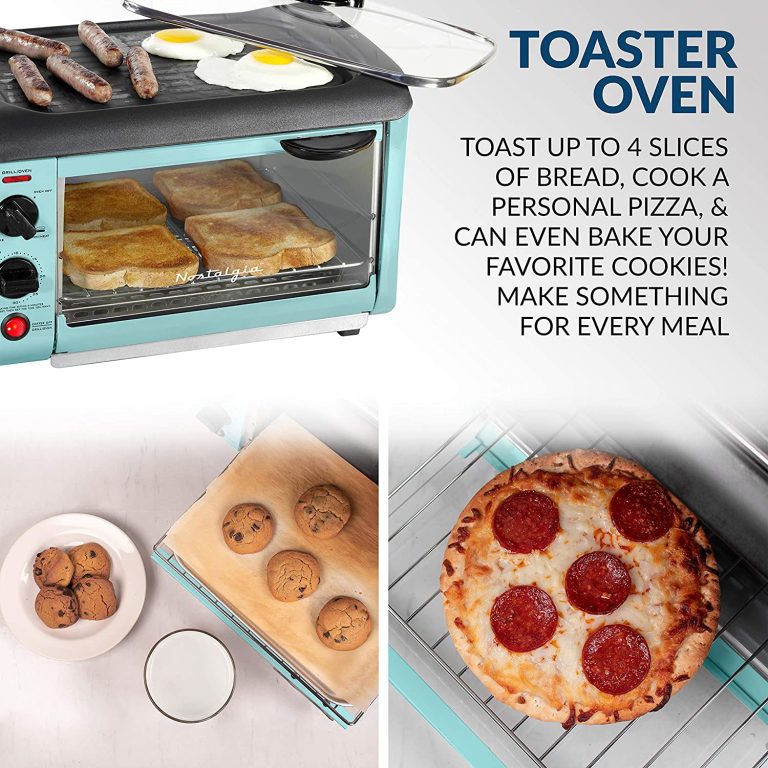 Nostalgia Retro 3-in-1 Family Size Electric Breakfast Station, Non Stick Die Cast Grill/Griddle, 4 Slice Toaster Oven, Coffee Maker, Aqua