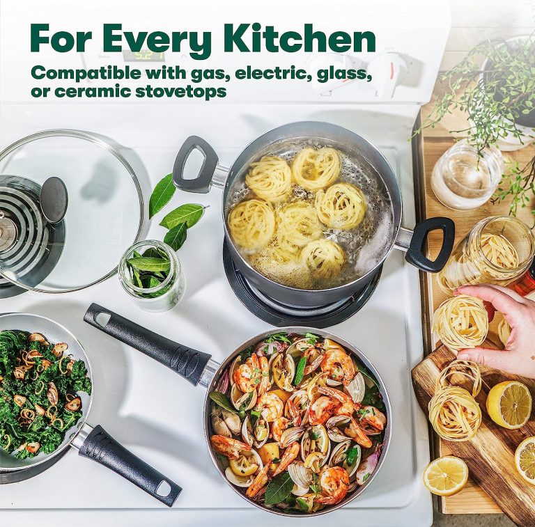 BELLA 21 Piece Cook Bake and Store Set, Kitchen Essentials for First or New Apartment, Assorted Non Stick Cookware, 9 Nylon Hassle-Free Cooking Tools, 5 Glass Storage Bowls w Lids, BPA & PFOA Free