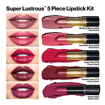 Lipstick Set by Revlon, Super Lustrous 5 Piece Gift Set, Multi-Finish, Cream Pearl & Matte, Pack of 5