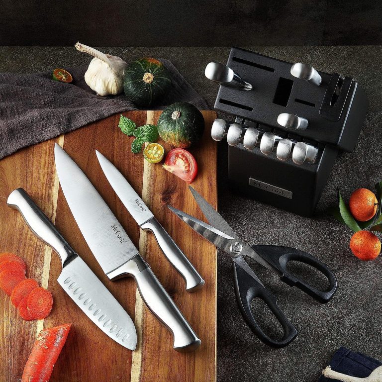 MC21 15 Pieces German Stainless Steel Knife Sets with Built-in Sharpener + MCW11 Bamboo Cutting Boards Set of 4 (Large, 17â€11.4â€0.8â€)