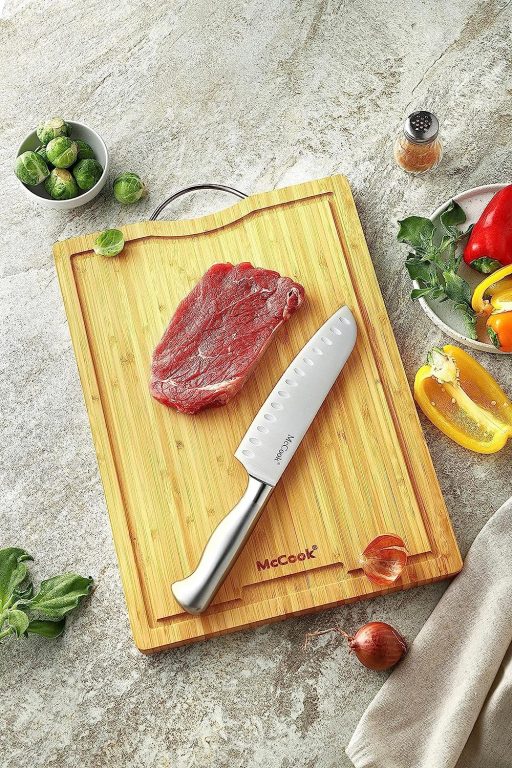 MC21 15 Pieces German Stainless Steel Knife Sets with Built-in Sharpener + MCW11 Bamboo Cutting Boards Set of 4 (Large, 17â€11.4â€0.8â€)
