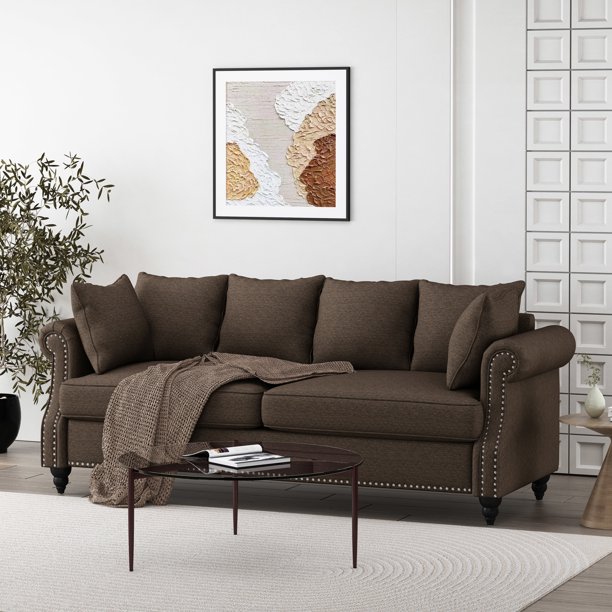 Noble House Viewland Fabric Pillowback 3 Seater Sofa with Nailhead Trim, Charcoal and Dark Brown