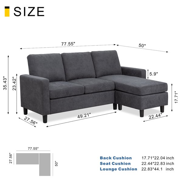 Walsunny Linen Fabric Convertible L-Shaped Sectional Sofa