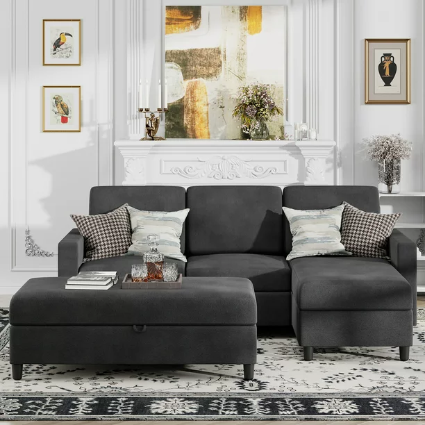 Walsunny Sectional Sofa Linen Gray Couch L Shaped 4 Seat with Storage Ottoman