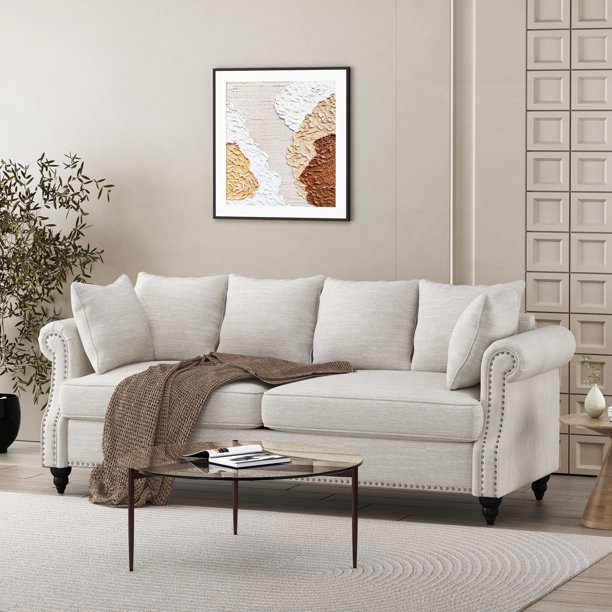 Noble House Viewland Fabric Pillowback 3 Seater Sofa with Nailhead Trim, Charcoal and Dark Brown