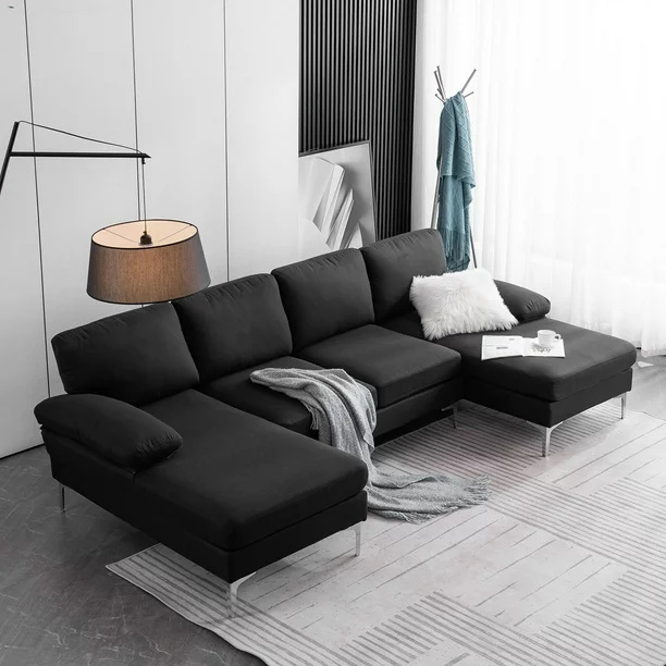 Ktaxon Modern U-Shape Sectional Sofa, Soft Linen Fabric Sectional Couch, Double Wide Chaise Lounge Couch with Metal Feet for Apartment Living Room