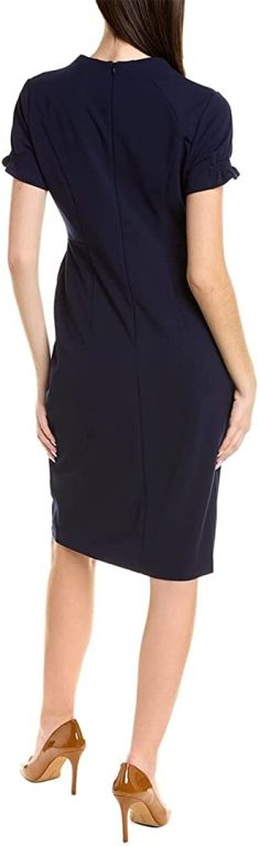 London Times Women’s Petite Open Neck Puff Feminine Sleeve Seamed Flattering Sheath Dress