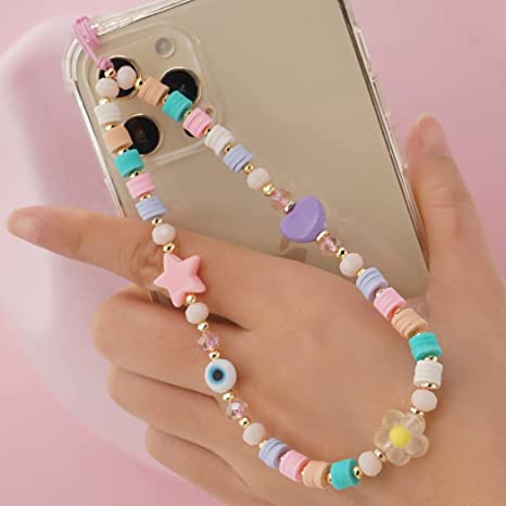 ISYSUII Beaded Phone Lanyard Wrist Strap Cute Kawaii Rainbow Color Beaded Phone Charm Strap Pearl Handmade Bracelet Keychain Anti-Lost Phone Charm String Phone Accessories for Women Girls