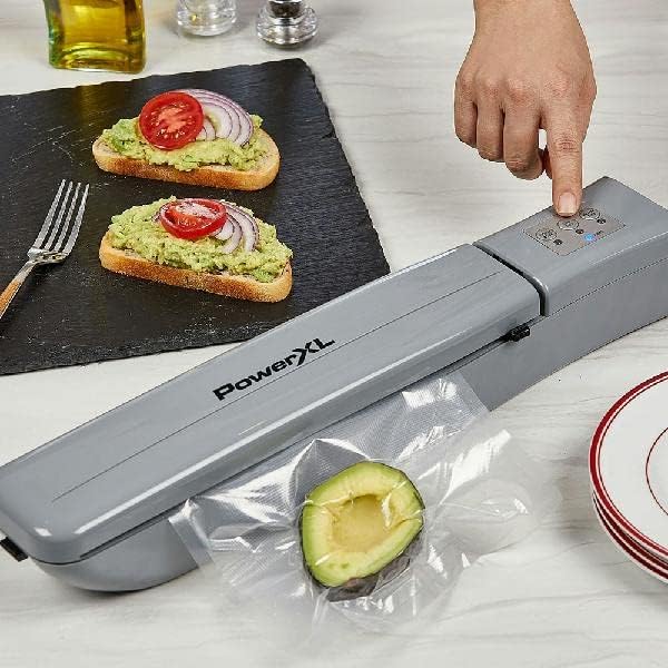 PowerXL Duo NutriSealer Food Vacuum Sealer Machine with Vacuum Seal Bags & Rolls, Double Airtight Sealing with Built-in Cutter, Small Snack Bag Capability, Safety Certified, Lab Tested, LED Indicator Lights (Slate)