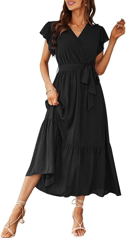 PRETTYGARDEN Women’s 2023 Floral Summer Dress Wrap V Neck Short Sleeve Belted Ruffle Hem A-Line Bohemian Maxi Dresses