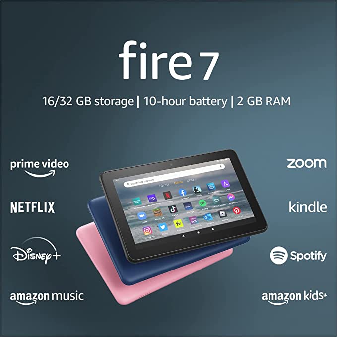 Amazon Fire 7 tablet, 7â€ display, 16 GB, 10 hours battery life, light and portable for entertainment at home or on-the-go, (2022 release), Black, without lockscreen ads