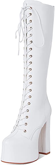 LinnOaks Knee High Boots for Women Platform Boots Round Toe Lace up Chunky High Heels Boots Fashion PU Leather Motorcycle Combat Boots