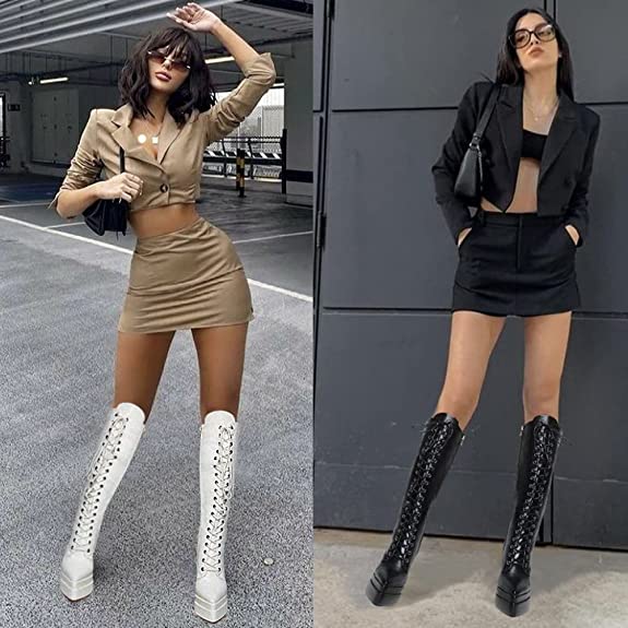 Artrotter Women’s Platform Knee High Boots Stiletto Lace Up High Heels Pointy Toe Chunky Heel Fashion Boots Zipper Design