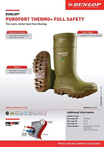 Dunlop E66284310 Purofort Thermo+ Full Safety Omega/EH Cold Protection Boot, Premium Insole, -58Â°F Cold Insulation, Steel Toe Cap, Green/Brown, Men Size 10/Women Size 12