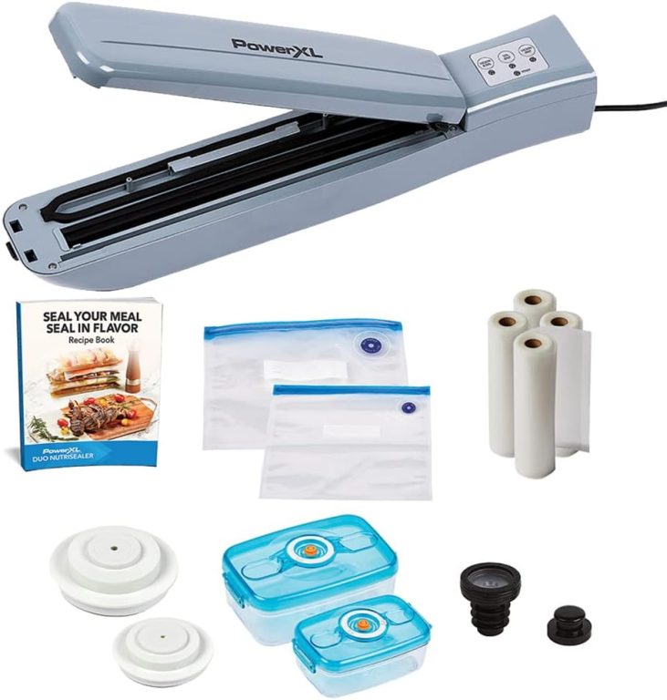 PowerXL Duo NutriSealer Food Vacuum Sealer Machine with Vacuum Seal Bags & Rolls, Double Airtight Sealing with Built-in Cutter, Small Snack Bag Capability, Safety Certified, Lab Tested, LED Indicator Lights (Slate)