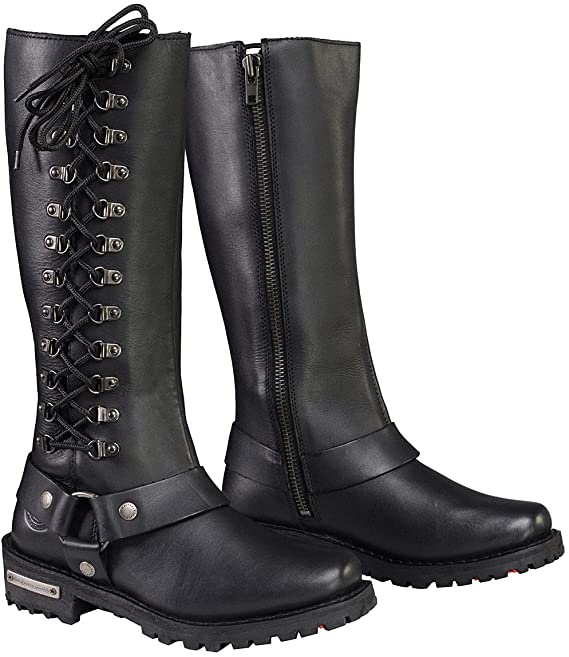 Milwaukee Leather MBL9365 Ladies Black 14-Inch Classic Harness Square Toe Leather Tall Boots with Lacing Detail