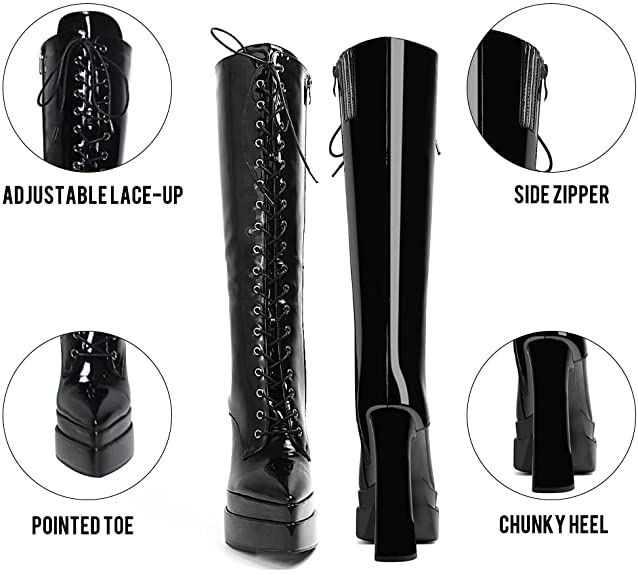 Artrotter Women’s Platform Knee High Boots Stiletto Lace Up High Heels Pointy Toe Chunky Heel Fashion Boots Zipper Design