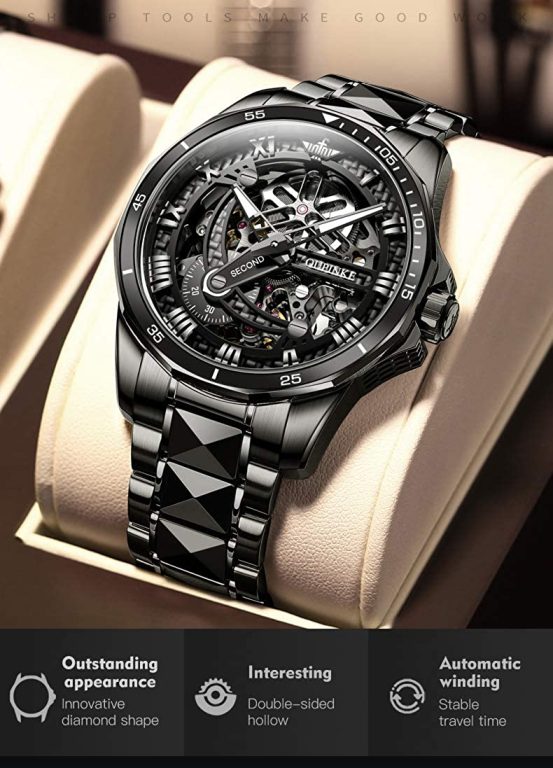 OLEVS Mens Automatic Watches for Men Skeleton Mechanical Luxury Black Silver Wrist Watches Waterproof Luminous Sapphire Crystal