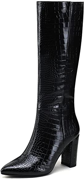 Modatope Knee High Boots Women Riding Boots for Women Tall Boots Long Boots Calf High Boots GoGo Boots Chunky Faux Crocodile Boots Block Heel Pointed Toe Boots Size 6-11