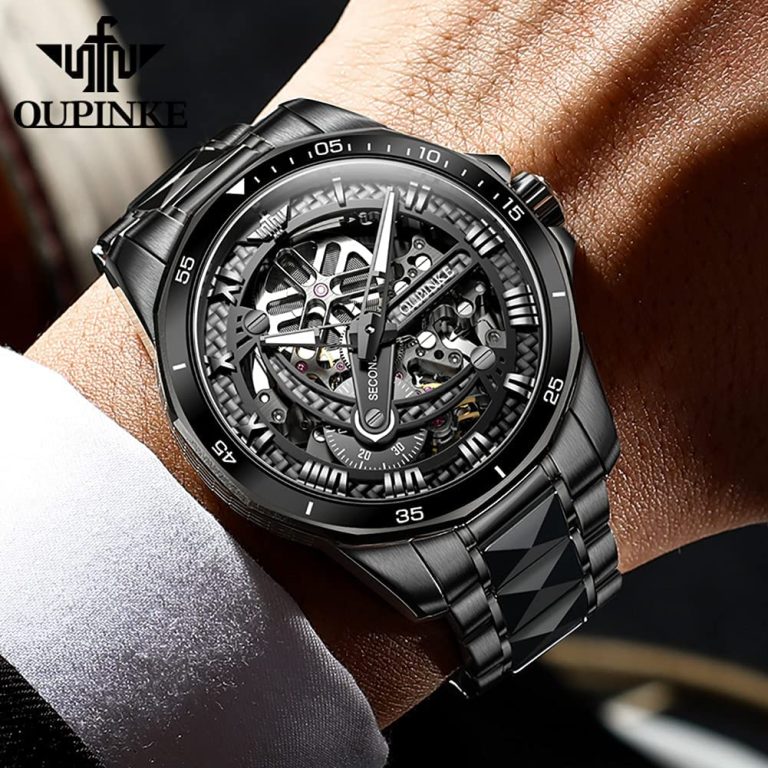 OLEVS Mens Automatic Watches for Men Skeleton Mechanical Luxury Black Silver Wrist Watches Waterproof Luminous Sapphire Crystal
