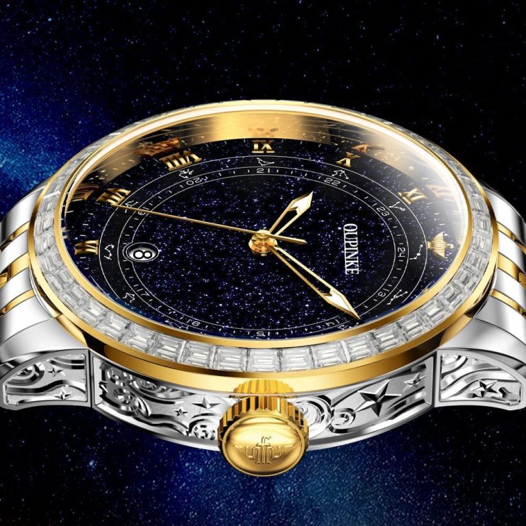 OUPINKE Men Watches Luxury Starry Diamonds Automatic Mechanical Sky Constellation Dial 5ATM Waterproof Date Luminous with Sapphire and Tungsten Steel Wrist Watch