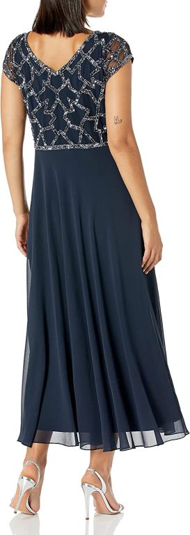 J Kara Women’s Petite Short Sleeve Geo Long Beaded Gown