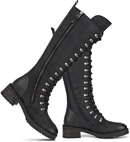 Vintage Foundry Co. Women’s Handmade Quilted Knee High Mid Calf Boots w Laces Adjustable Straps Full Zipper Chunky Lug Sole Platform Casual Motorcycle Military Biker Goth Victorian Engineer Comic Con