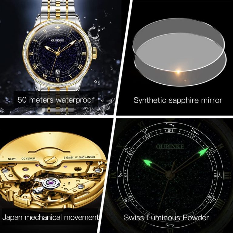 OUPINKE Men Watches Luxury Starry Diamonds Automatic Mechanical Sky Constellation Dial 5ATM Waterproof Date Luminous with Sapphire and Tungsten Steel Wrist Watch