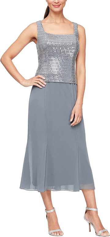 Alex Evenings Women’s Tea Length Mock Dress with Sequin Jacket (Petite and Regular Sizes)