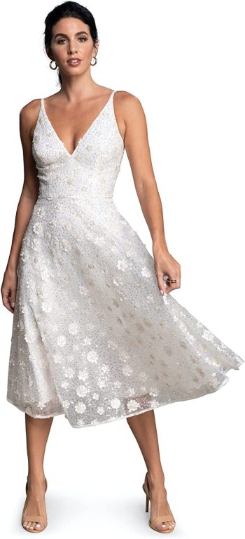 Dress the Population womens Elisa Sleeveless Plunge Neckline Fit and Flare Midi Dress