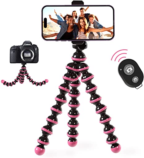 TALK WORKS Flexible Tripod for iPhone, Android, Camera – Bendable Legs, Adjustable Stand Holder with Mini Wireless Remote for Selfies, Vlogging, Beauty/Makeup, Live Streaming/Recording – Pink