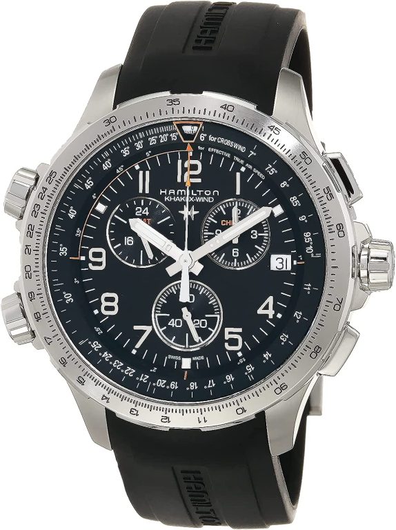 Hamilton Khaki Aviation X-Wind GMT Swiss Chronograph Quartz Watch 46mm Case, Black Dial, Black Rubber Strap (Model: H77912335)
