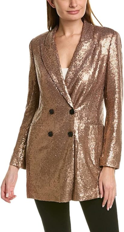BCBGMAXAZRIA Women’s Relaxed Double Breasted Sequin Blazer Long Sleeve Peak Lapel Pocket Button Front Jacket