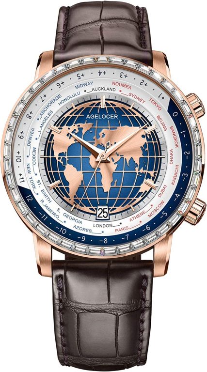 AGELOCER Men’s Top Brand World Time Diamond Blue Dial Mechanical Calendar Fashion Luxury Watch