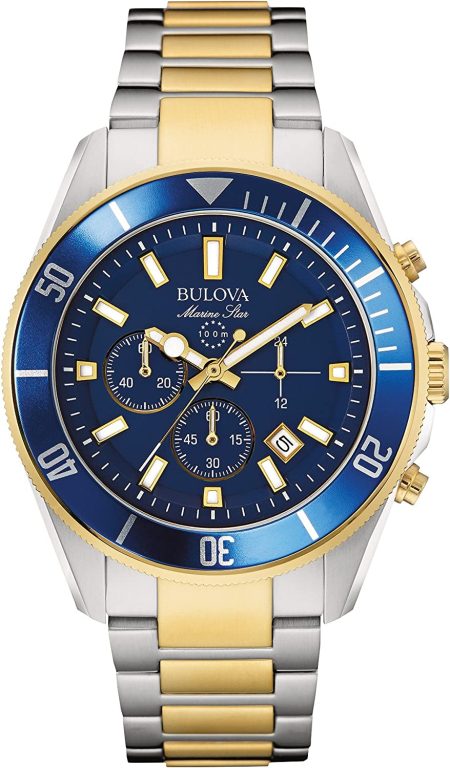 Bulova Men’s Marine Star Chronograph Quartz Watch, Luminous Markers, Rotating Dial, 100M Water Resistant, 43mm