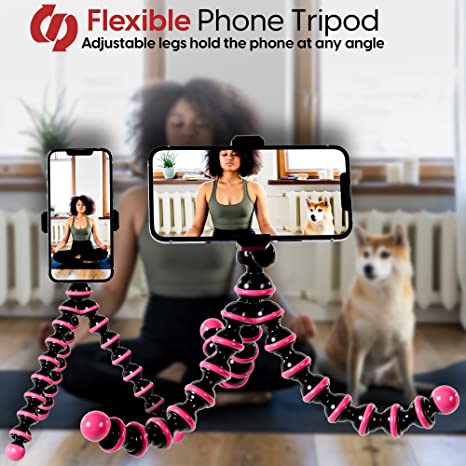 TALK WORKS Flexible Tripod for iPhone, Android, Camera – Bendable Legs, Adjustable Stand Holder with Mini Wireless Remote for Selfies, Vlogging, Beauty/Makeup, Live Streaming/Recording – Pink