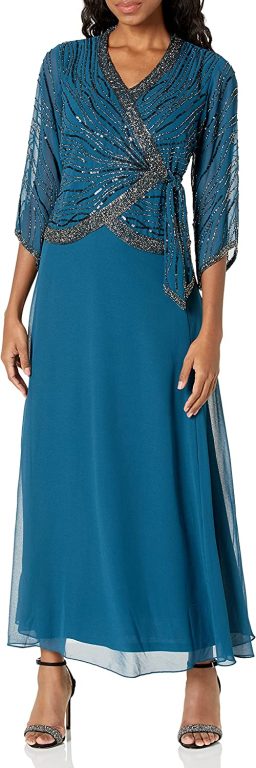 J Kara Women’s 3/4 Sleeve V-Neck Beaded Faux Wrap Long Dress